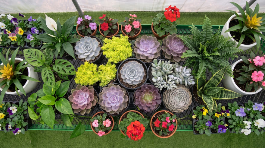 Keyframe 3: flowering trays and pots along the bench edges