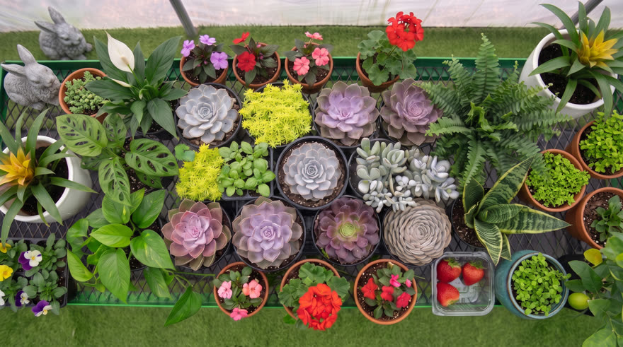 Keyframe 5: the full bench with terracotta pots and a stone rabbit
