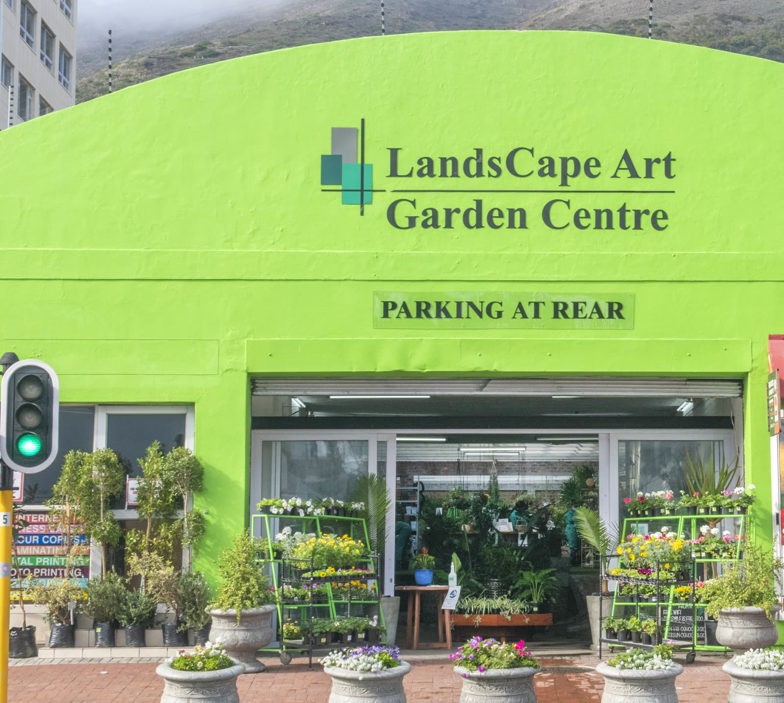 The Big Green Building on Main Road, the lime-green entrance of Landscape Art Garden Centre